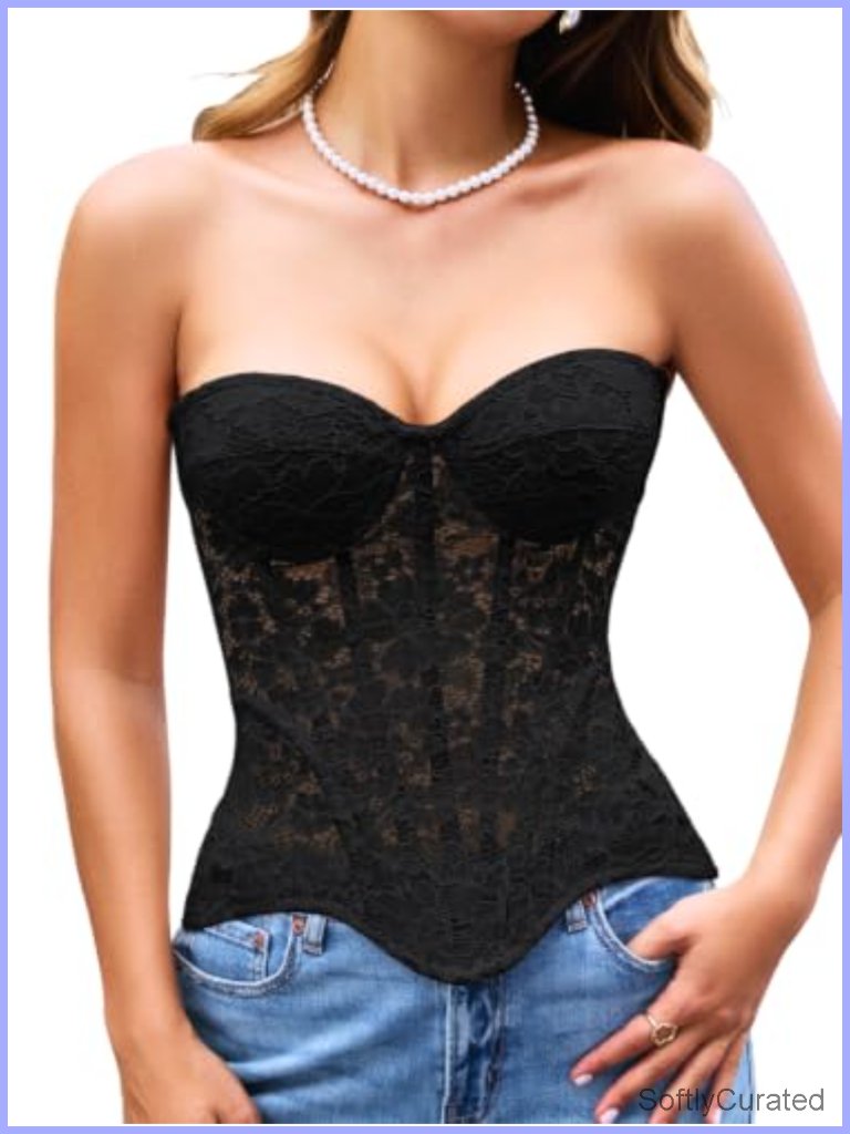 Sheer Floral Lace Corset Bustier With Boning, Push-Up, Adjustable Lacing